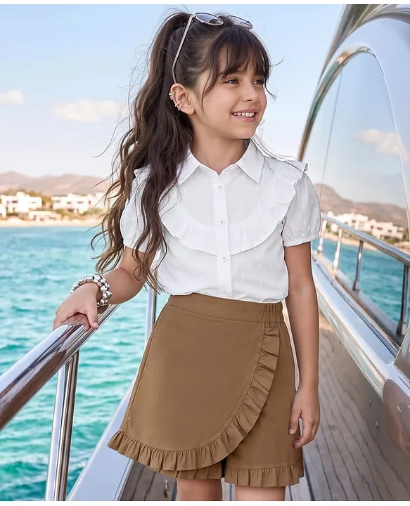 Cotton Woven Half Sleeve Solid Top & Twill Skirts Set - White & Brown